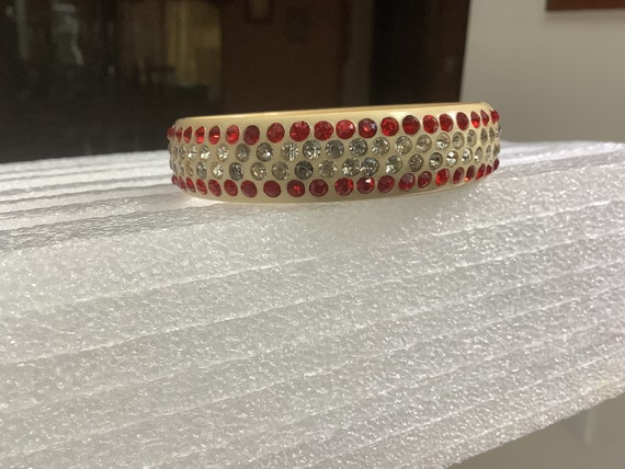 Bakelite Bangle Bracelet With Rhinestones Red & W… - image 1