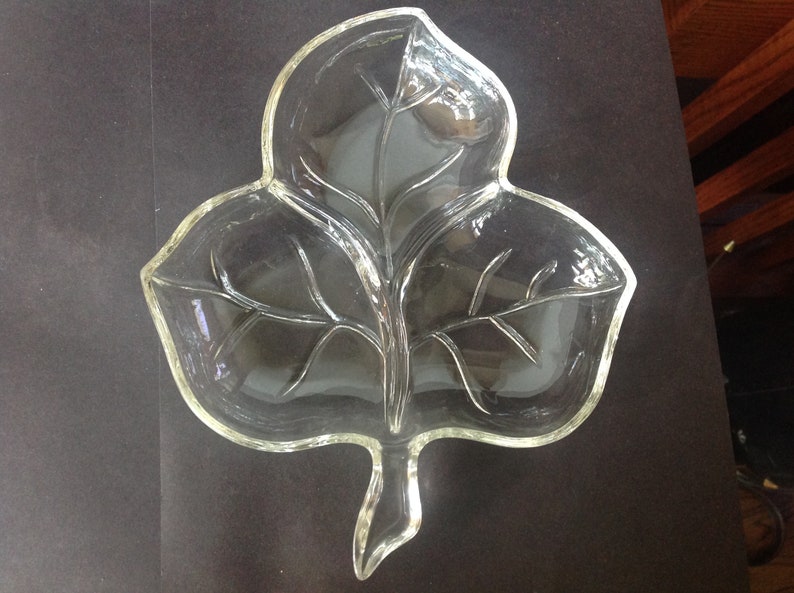 Vintage Clear Glass Leaf Dish Divided Candy Nut Relish Plate