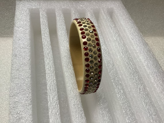 Bakelite Bangle Bracelet With Rhinestones Red & W… - image 4