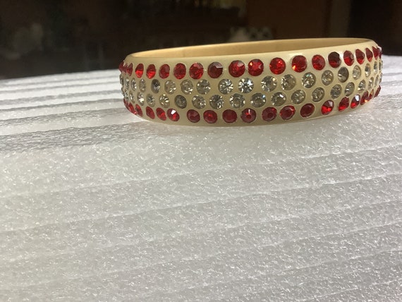 Bakelite Bangle Bracelet With Rhinestones Red & W… - image 8