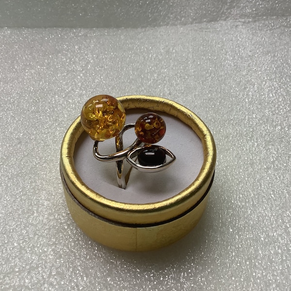 Sterling Silver Amber Ring Modernist Amber Balls Size 8