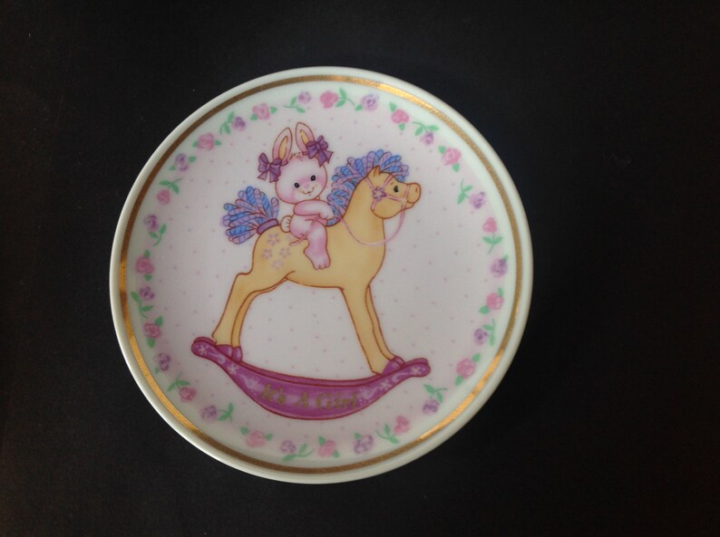 Enesco Mini Porcelain Plate It#39;s A Girl Pink Bunny on a Rock