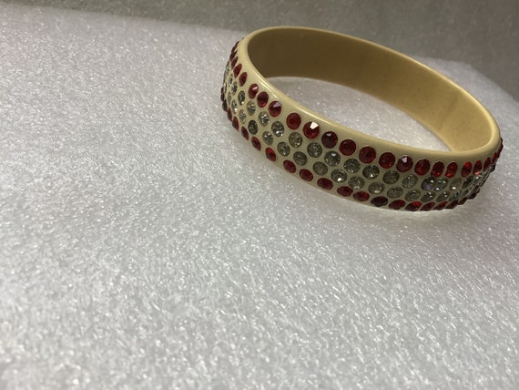 Bakelite Bangle Bracelet With Rhinestones Red & W… - image 3