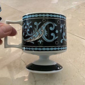 Retro Stackable Coffee Cups Footed Blue Paisley Design Japan