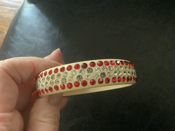 Bakelite Bangle Bracelet With Rhinestones Red & W… - image 10