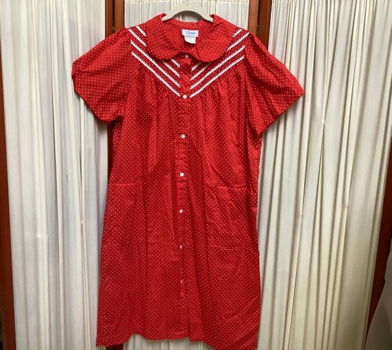 Vintage House Dress Duster Red Polka Dot Snap Fro… - image 1