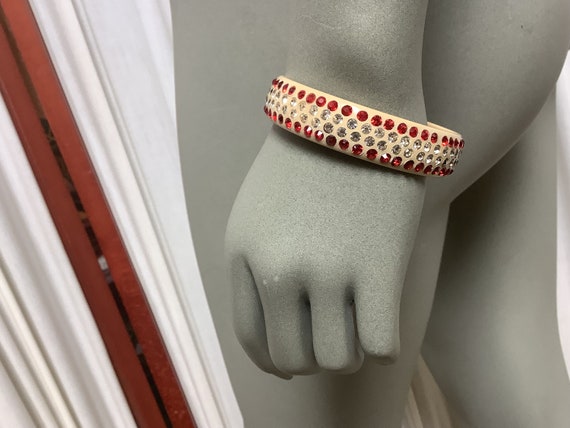 Bakelite Bangle Bracelet With Rhinestones Red & W… - image 7
