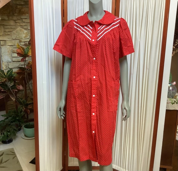 Vintage House Dress Duster Red Polka Dot Snap Fro… - image 4