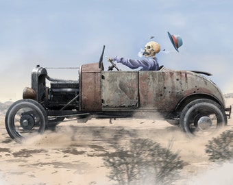 Day of the Dead Skeleton driving a Ratrod through the desert Art Print from Wilted Flowers Story in Punch Drunk Moustache Art book