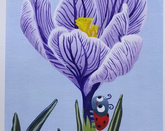 Ladybug and Flower art print 5x7 inches