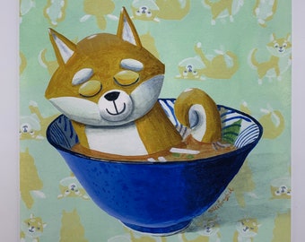 Shiba Inu Dog Chilling in Miso Soup art print, 8 by 10 inches.