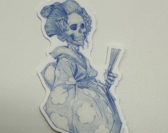 Undead Geisha blue pencil Sketch Sticker by Dela Longfish!  Thick, durable vinyl protects your stickers from scratches, water & sunlight