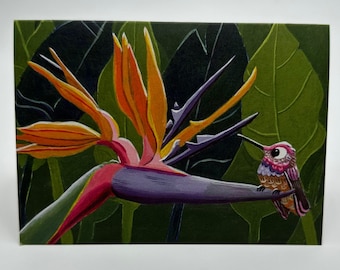 Bird of Paradise Flower and Hummingbird greeting card, blank inside, Great for Valentines Day