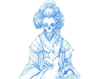 Skeleton Geisha Blue Pencil Sketch Art Print 8x10 inches