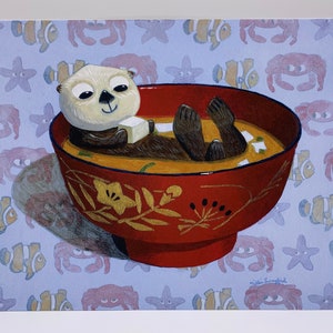 Sea Otter holding tofu and Chilling in Miso Soup art print 8x10  and 5x7 inches Thick matte paper