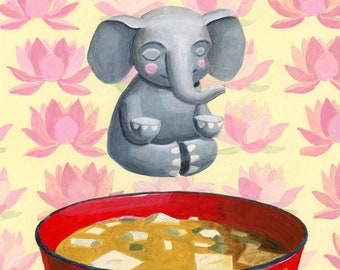 Comforting Meditation, an elephant meditating over a bowl of miso soup with lotus flower background art print, 8x10 inched thick matte paper