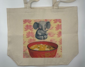 Comforting Meditation Cotton Tote Bag!  An Elephant mediating over a comforting bowl of miso soup.