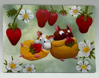 Magnet of a cute Hamsters eating Strawberries! Only 2 made!