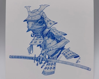 Frog Samurai blue pencil sketch 5 x 5 inches Art Print by Dela Longfish