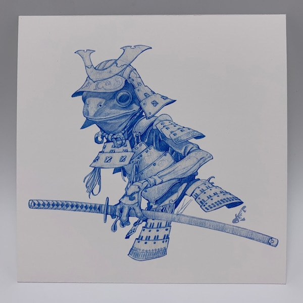 Frog Samurai blue pencil sketch 5 x 5 inches Art Print by Dela Longfish