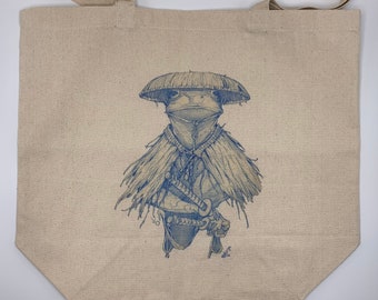 Frog Samurai sketch design on Cotton Tote Bag by Dela Longfish, only a few made!