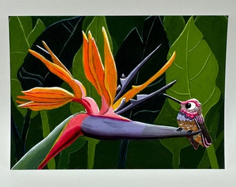 Bird of Paradise Flower and Hummingbird art print 5x7 inches matte paper