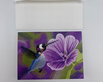 Bee Humming bird and flower greeting card, blank inside, great for Valentines Day or Galentines Day!