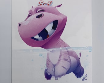 Happy Pink Hippo swimming greeting card, blank inside