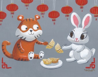 Lunar New Year art print 5x7 inches Tiger and Rabbit eating dumplings