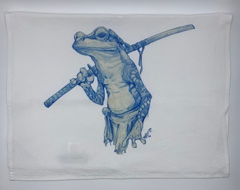 Tea Towel with Samurai Frog design by Dela Longfish