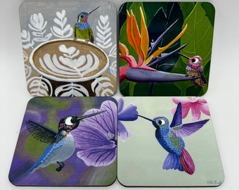 Humming Birds, flowers and latte, Set of Four Coasters