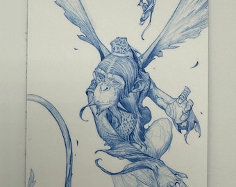 Magnet of flying Monkeys blue pencil sketch by Dela Longfish