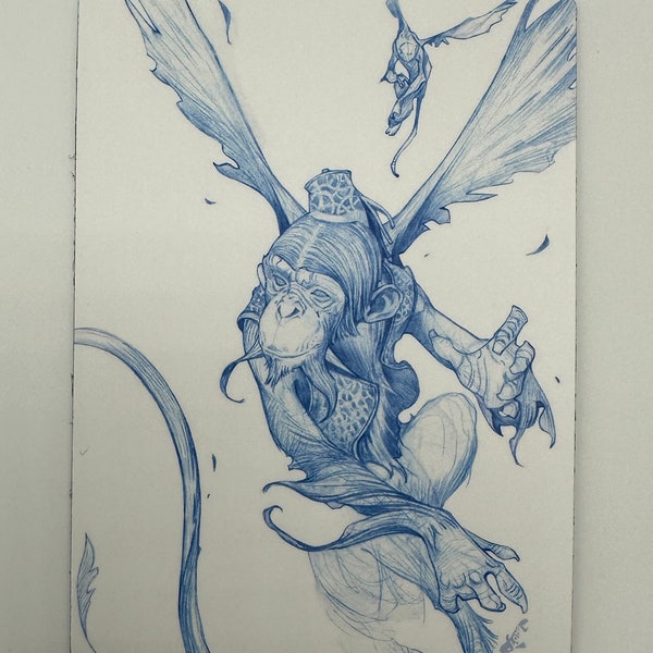 Magnet of flying Monkeys blue pencil sketch by Dela Longfish