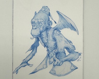 Magnet of flying Monkey blue pencil sketch by Dela Longfish