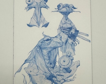 Magnet of Frog Samurai peasants  Sketch by Dela Longfish, Only a few made.
