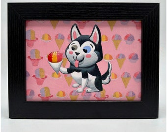 Snow Cone Husky Dog Acrylic painting 5x7 inches, framed 6.5x8.5 inches