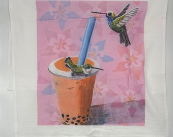 Tea Towel with design of Boba and Hummingbirds