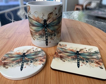 Watercolor Dragonfly with a Swirl of Flowers Mug 12 oz. | Coffee / Tea | Ceramic | Any Occasion | Gift Idea