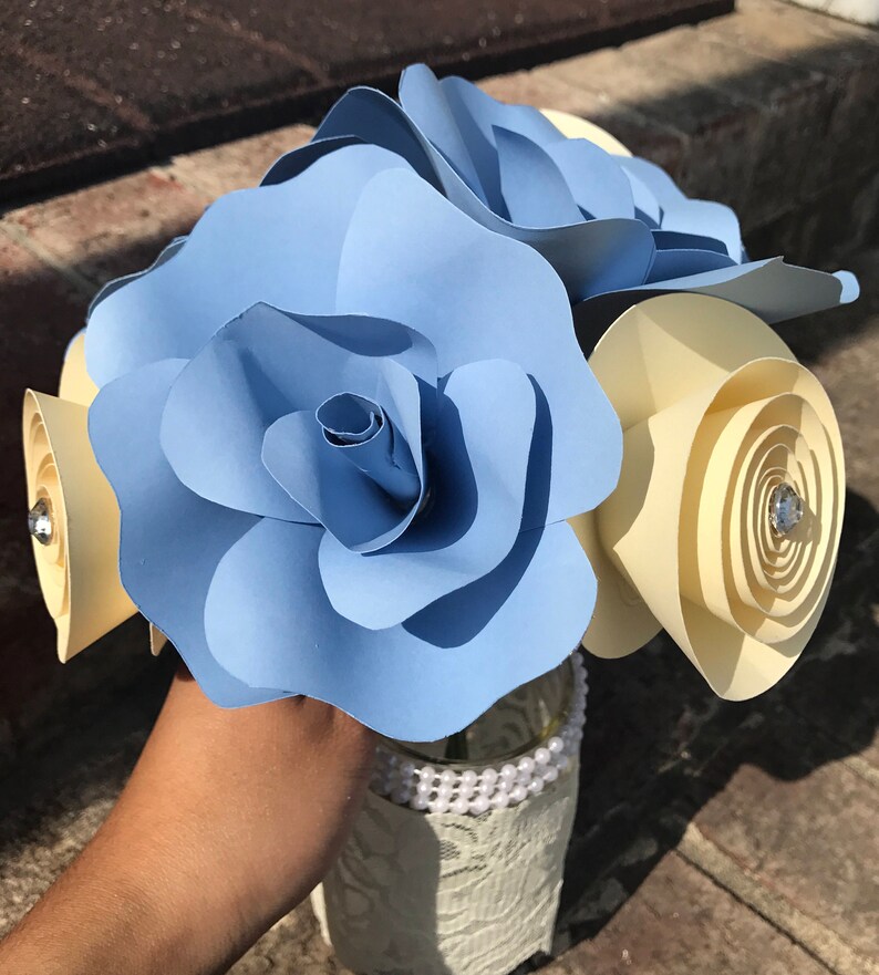 Bridal Bouquet Paper Flower Bouquet Flower Girl Bouquet Wedding Paper Bouquet Paper Flowers Blue Ivory Flowers Wedding Bouquet