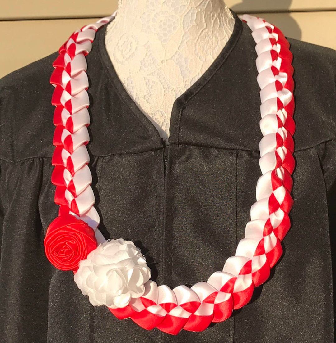 Graduation Lei Red & White Ribbon Lei Satin Ribbon Lei School Spirit ...