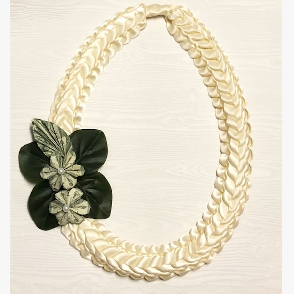 Money Lei Graduation Lei Satin Ribbon Lei Hawaiian Lei Bridal Lei- Double Braided Lei Ivory Cream Flower Lei