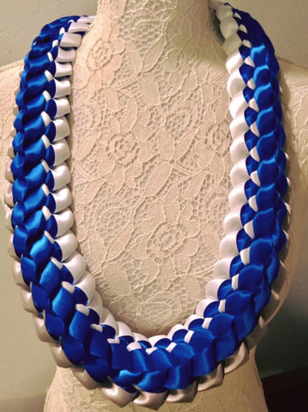 Graduation Lei Navy Blue White Silver Ribbon Lei Satin Ribbon Lei