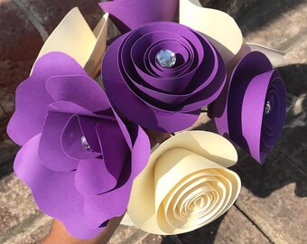 Paper Flower Bouquet - Wedding Paper Bouquet - Wedding Bouquet - Paper Flowers - Flower Girl - Bridal Bouquet -purple ivory flowers