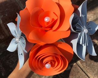 Paper Flower Bouquet - Wedding Paper Bouquet - Wedding Bouquet - Paper Flowers - Flower Girl - Bridal Bouquet -orange light blue flowers