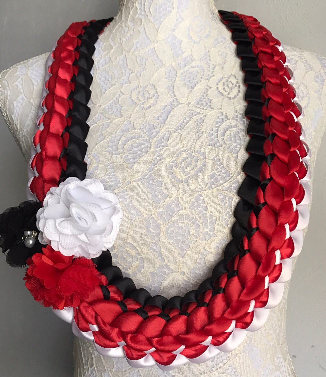 Graduation Lei Red Black and White Lei Satin Ribbon Lei School Spirit ...