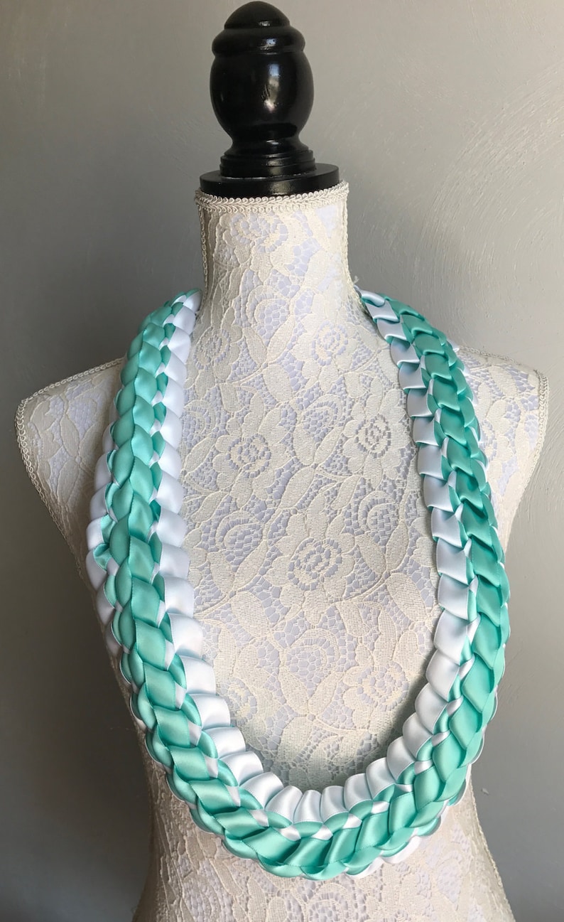 Graduation Lei Aqua and White Ribbon Lei Satin Ribbon Lei Etsy