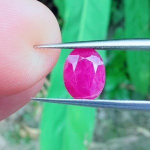 May include: A faceted, oval-shaped, bright pink gemstone is held by tweezers. The gem has a polished surface with multiple facets that reflect light, creating a sparkling effect. The background is a blurred green, suggesting a natural setting.