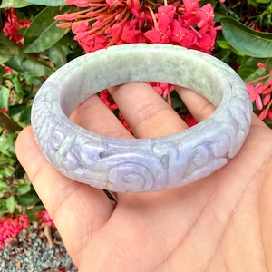 58 mm Type A Two Colors Green And Lavender Jade Burmese,Lavender Jadeite Jade,lavender Jadeite bracelet,Carved Vintage bangle,Burmese jade
