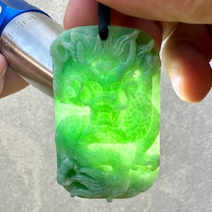 Carving Dragon Green Jade, green Jadeite  Translucent Burma (untreated ) Stone pendant Necklace