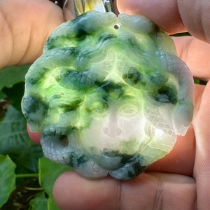 299.50 Carats Two Color Jade Lights Green and light Lavender Grass Translucent Jade Snake head carving pendant